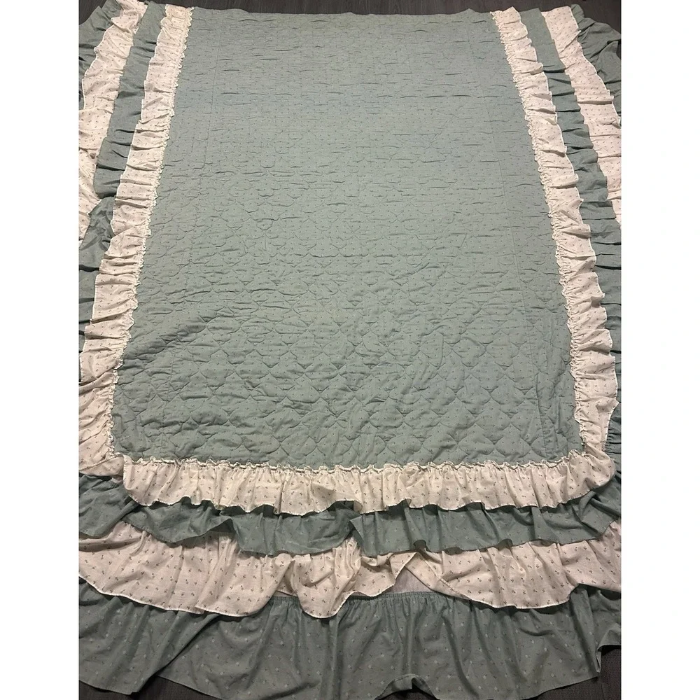 Vintage Sears Cottagecore Full Green‎ Floral Ruffle Bedspread Sheets Pillow Case
